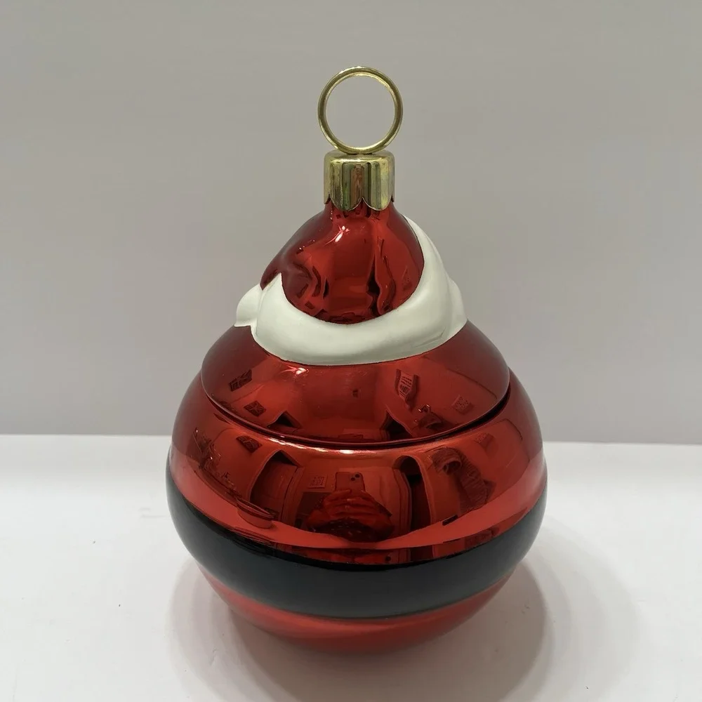 Christmas Santa Cookie Jar Ornament Shaped With Lid Round Red 8.5